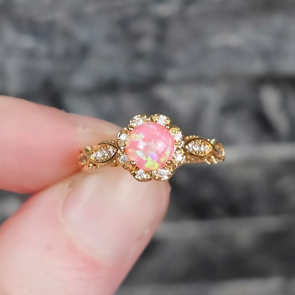 14k Gold Plated Pink Fire Opal Enchantment Ring
